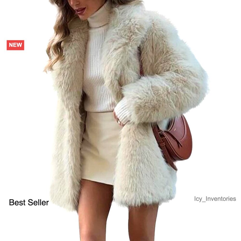 Faux Fur Coat Mid Length Plush Shawl Collar Winter Jacket Elegant Chic